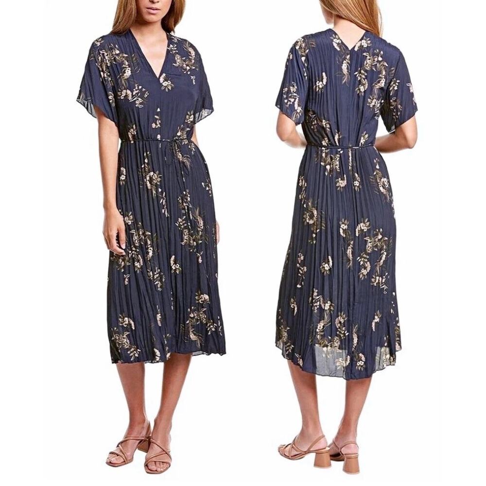 Vince Womens Small Navy Blue Floral Midi Dress Painted Blooms Romantic Feminine